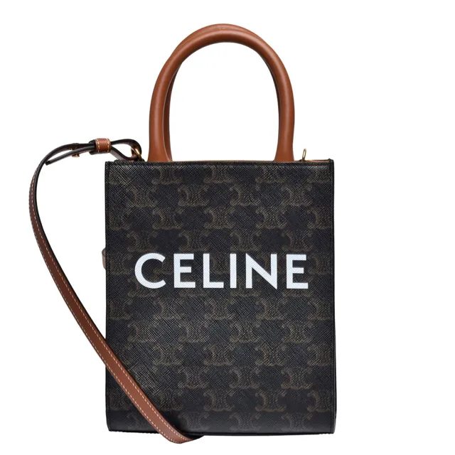 【CELINE】經典TRIOMPHE系列帆布小牛皮飾邊直立式手提/斜背包(黃褐色194372BZK.04LU)