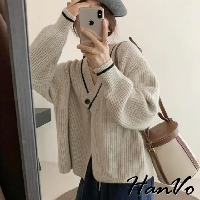 【HanVo】現貨 氣質V領單扣針織開衫(溫柔韓系簡約親膚柔軟 韓系女裝 女生衣著 A07-4504)