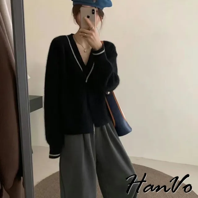 【HanVo】現貨 氣質V領單扣針織開衫(溫柔韓系簡約親膚柔軟 韓系女裝 女生衣著 A07-4504)