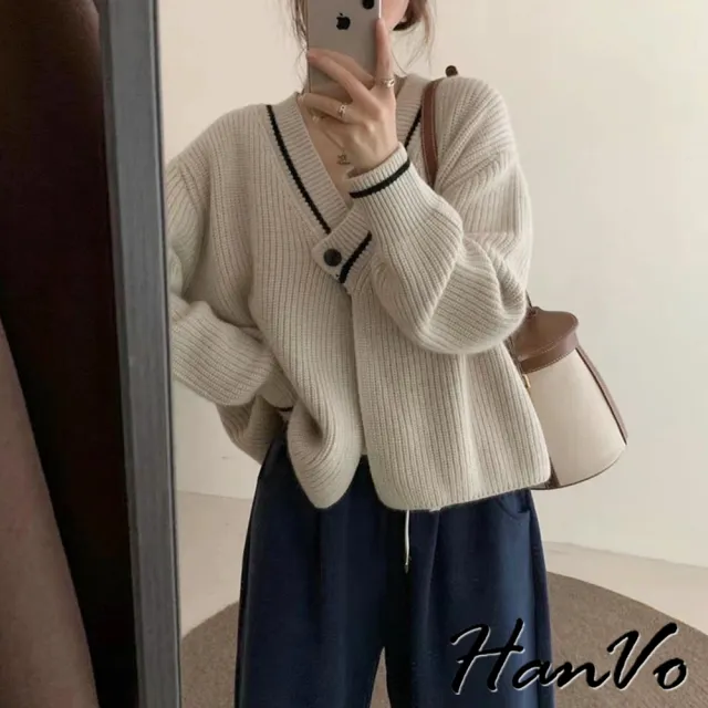 【HanVo】現貨 氣質V領單扣針織開衫(溫柔韓系簡約親膚柔軟 韓系女裝 女生衣著 A07-4504)