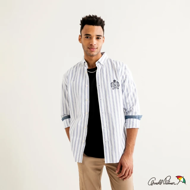 Arnold Palmer 雨傘 男裝-學院風LOGO刺繡條紋長袖襯衫(白色)