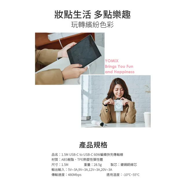 【YOMIX 優迷】1.5M USB-C to USB-C 60W編織快充充電傳輸線(支援PD/QC快充/筆電/Android/支援iphone18快充)