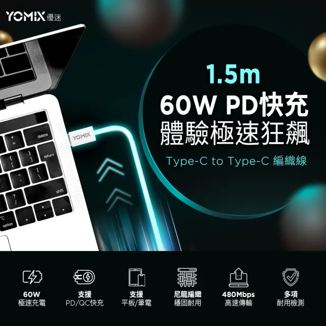 【YOMIX 優迷】1.5M USB-C to USB-C 60W編織快充充電傳輸線(筆電/Android/支援iphone16快充)