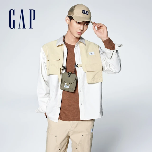 GAPGAP 男裝 Logo翻領長袖襯衫-米白色(876985)