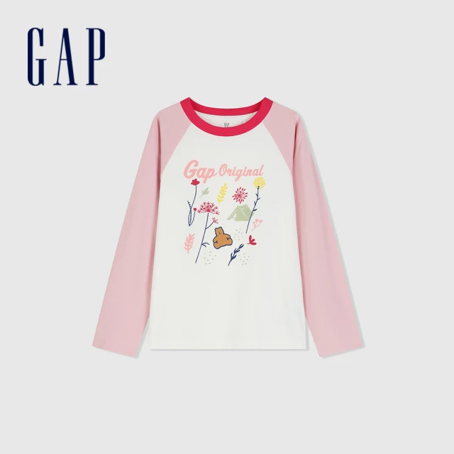 GAP 女童裝 Logo小熊印花圓領長袖T恤-粉紅色(890403)