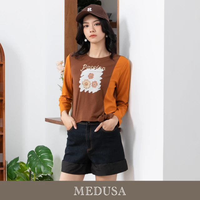 MEDUSA 曼度莎 現貨-小花撞色拼接綁結T（M-XL）｜女上衣 休閒上衣 長袖上衣 冬新品(201-26001)