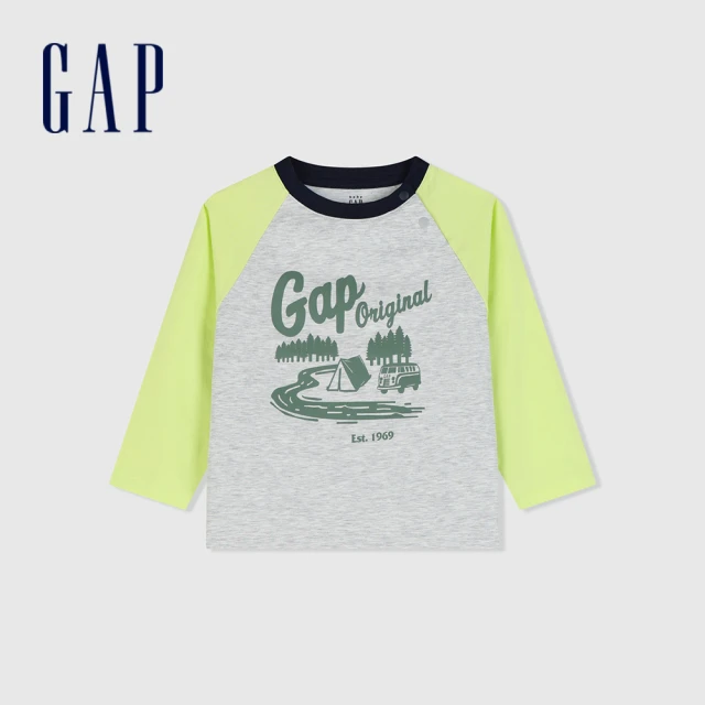 GAP 男幼童裝 Logo印花圓領長袖T恤-黃灰撞色(890