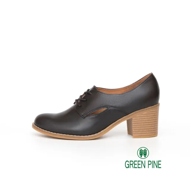 【GREEN PINE】優雅鏤空透感粗跟牛津中跟鞋黑色(00147116)