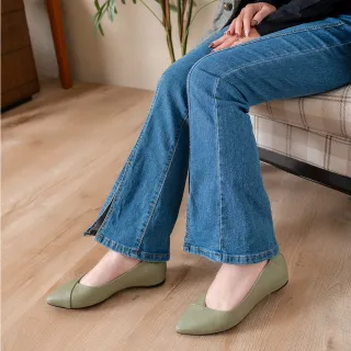【GREEN PINE】真皮尖頭鬆緊懶人平底鞋綠色(00320366)