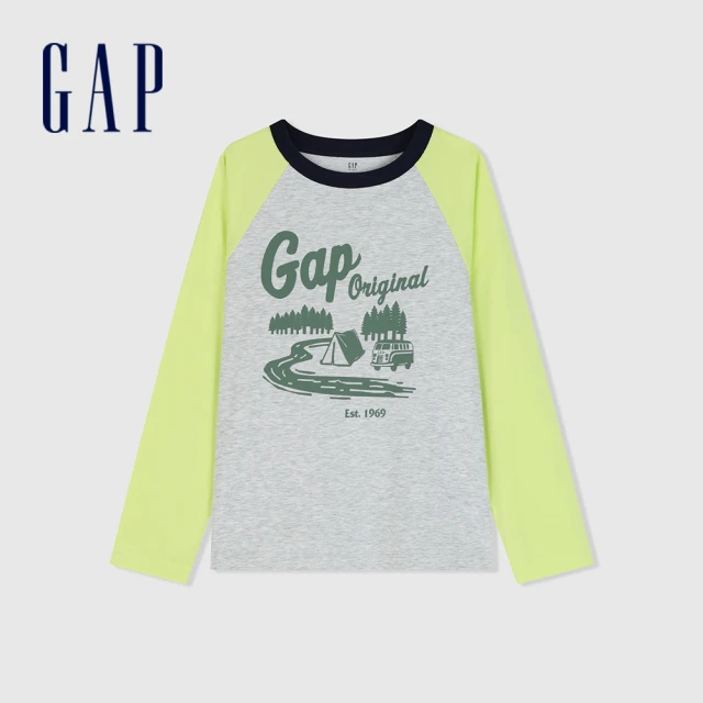 GAPGAP 男童裝 Logo印花圓領長袖T恤-黃灰撞色(891991)