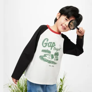 【GAP】男童裝 Logo印花圓領長袖T恤-黑白撞色(891991)