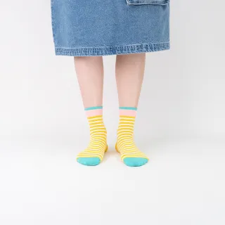 【WARX】復古條紋中筒襪-黃白(除臭襪/機能襪)
