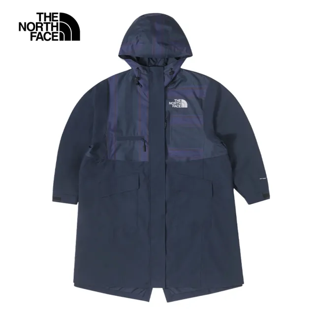 【The North Face】北面UE女款藍色防水透氣格紋拼接多口袋連帽衝鋒衣｜7W9W8K2