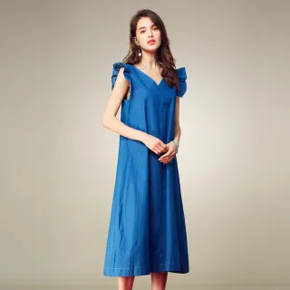 【GLORY21】速達-網路獨賣款-V領立體荷葉袖長版洋裝(藍色)