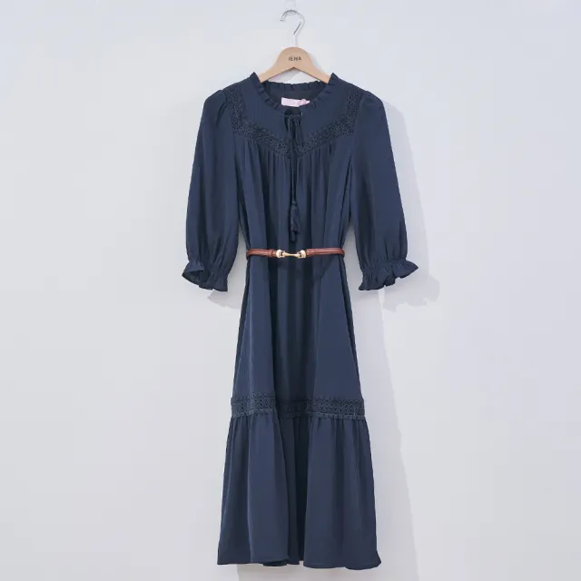 【IENA】浪漫透膚洋裝-附腰帶(#4274001 連身洋裝 藍色/米白色)