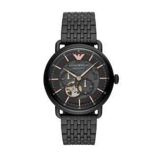 【EMPORIO ARMANI 官方直營】Aviator 飛行者鏤空機械手錶 黑色不鏽鋼錶帶 43MM AR60025