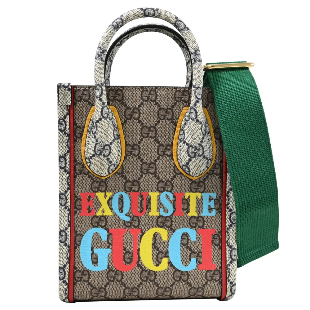 GUCCI 古馳】限定款經典雙G LOGO繽紛印花手提紙袋包兩用包(駝) - momo