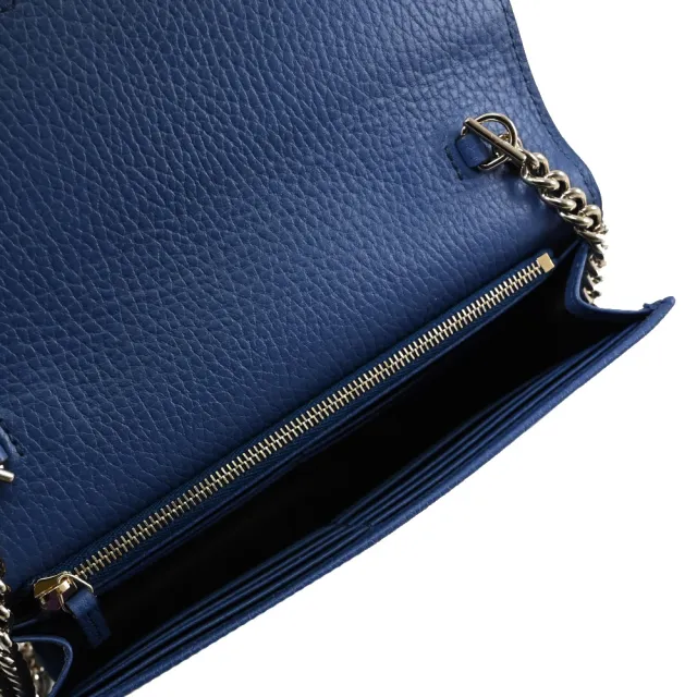 【GUCCI 古馳】WOC 簡約經典雙G LOGO長夾式肩斜三用金鍊包(寶藍)