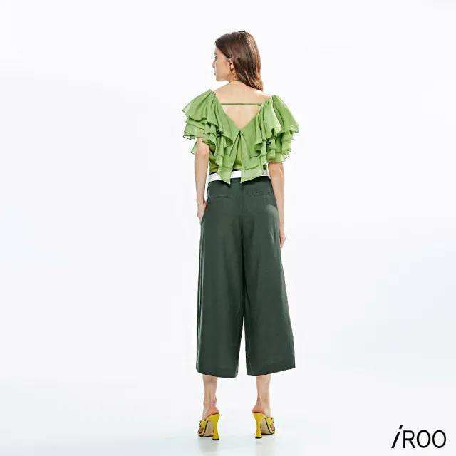 【iROO】中腰打摺綠色8分寬褲