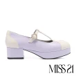 【MISS 21】精緻系敏感小花撞色T字帶方頭瑪莉珍高跟鞋(紫)