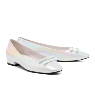 【MISS 21】敏感少女蝴蝶結幻彩全真皮方頭娃娃低跟鞋(幻彩)