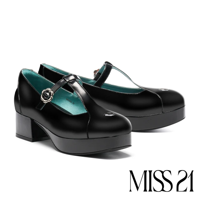 MISS 21 精緻系敏感挖空小花T字帶方頭瑪莉珍高跟鞋(黑)