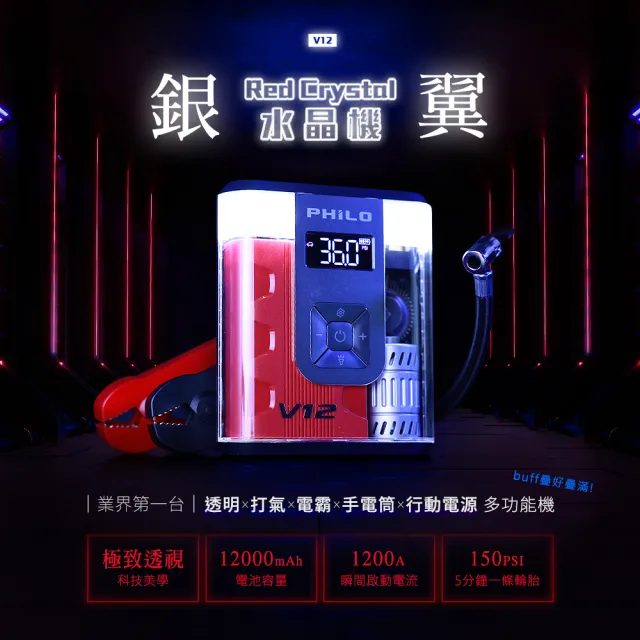 【Philo 飛樂】官方旗艦店 救車電源打氣機 12000mAh V12(照明/無線打氣/救車啟動電源/輪胎打氣機)