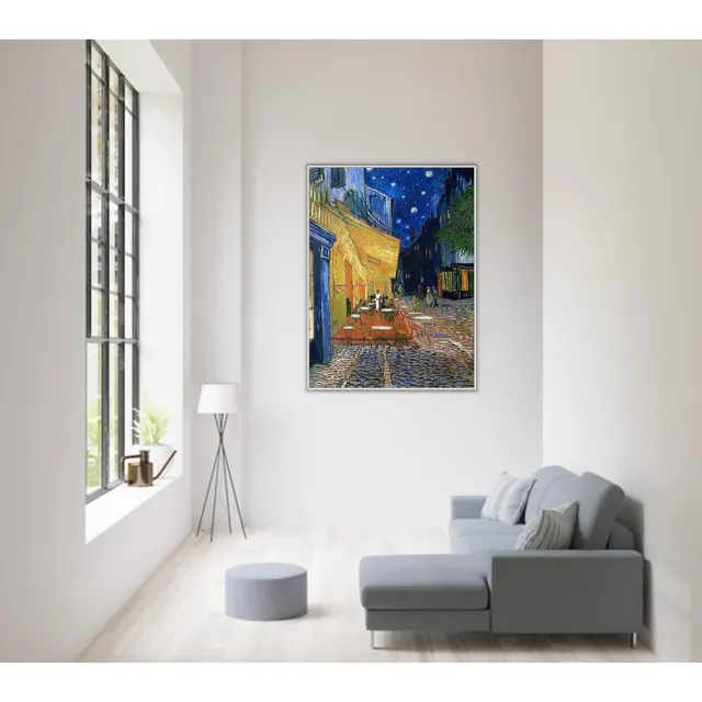 《夜晚露天咖啡座》梵谷．後印象派 世界名畫 經典名畫 風景油畫-白框60x80CM