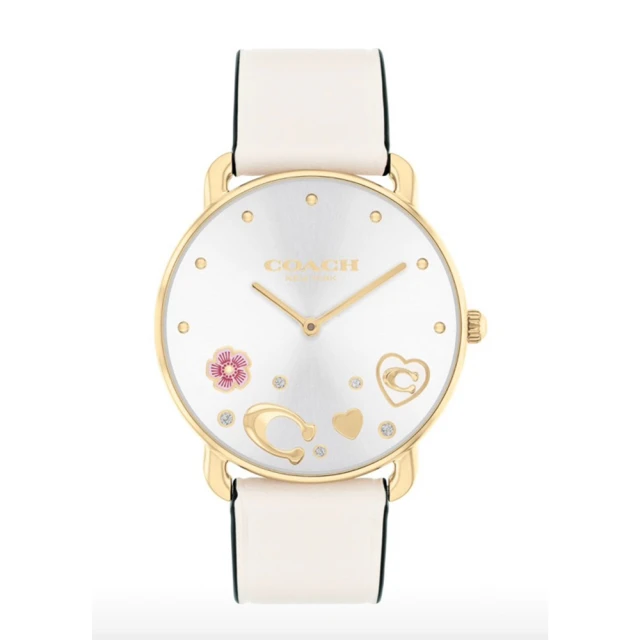 COACHCOACH 官方授權C2 金色圓形 造型白面白色皮帶女錶-36mm-贈高級9入首飾盒(CO14504294)