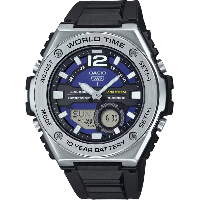 CASIO 卡西歐CASIO 卡西歐 超個性十年電力不鏽鋼錶圈造型雙顯錶-黑X藍面(MWQ-100-2A)