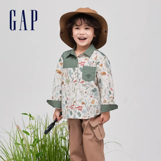 【GAP】男幼童裝 Logo純棉印花翻領長袖襯衫-白綠拼色(890336)