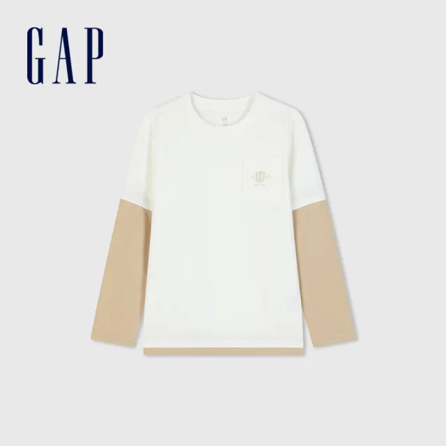 【GAP】男童裝 Logo印花圓領長袖T恤-白色(890220)