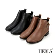 【HERLS】短靴-釦環拉鍊圓頭皮革粗跟短靴(咖啡色)
