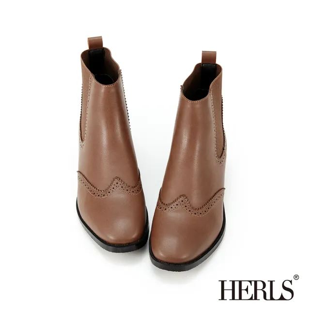【HERLS】短靴-翼紋沖孔側鬆緊切爾西皮革短靴(深棕色)