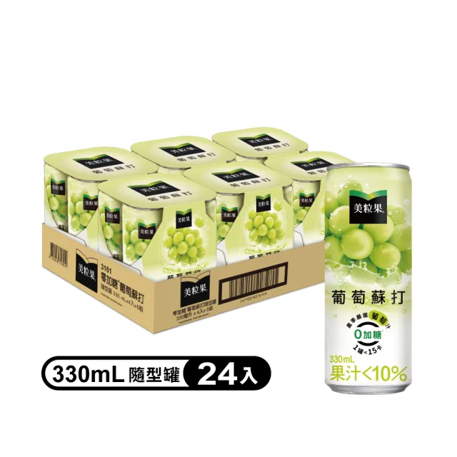 【美粒果+OOHA】零加糖葡萄蘇打+蜂蜜檸檬氣泡飲330ml x2箱(共48入;兩種口味各一箱)