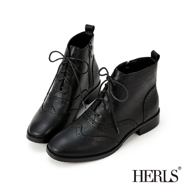 【HERLS】短靴-翼紋沖孔皮革綁帶牛津靴短靴(黑色)
