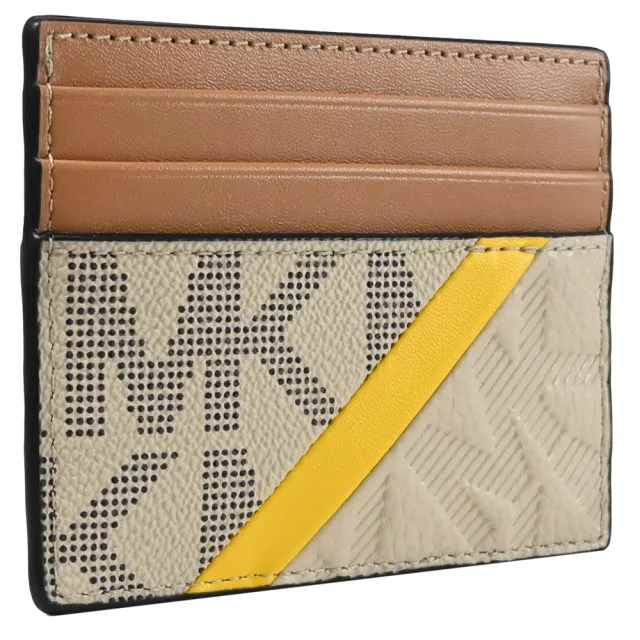 【Michael Kors】經典MK印花斜線拼接信用卡名片夾隨身卡夾(卡其/咖)