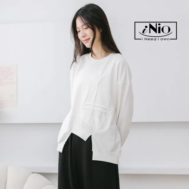 【iNio 衣著美學】長袖上衣 冬新品 現貨 不對稱拼接 不規則下襬 長袖棉T(CCW1625)