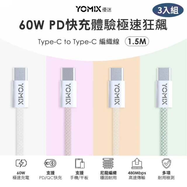 3入組【YOMIX 優迷】1.5M USB-C to USB-C 60W編織快充充電傳輸線(筆電/Android/Switch/支援iphone15快充)