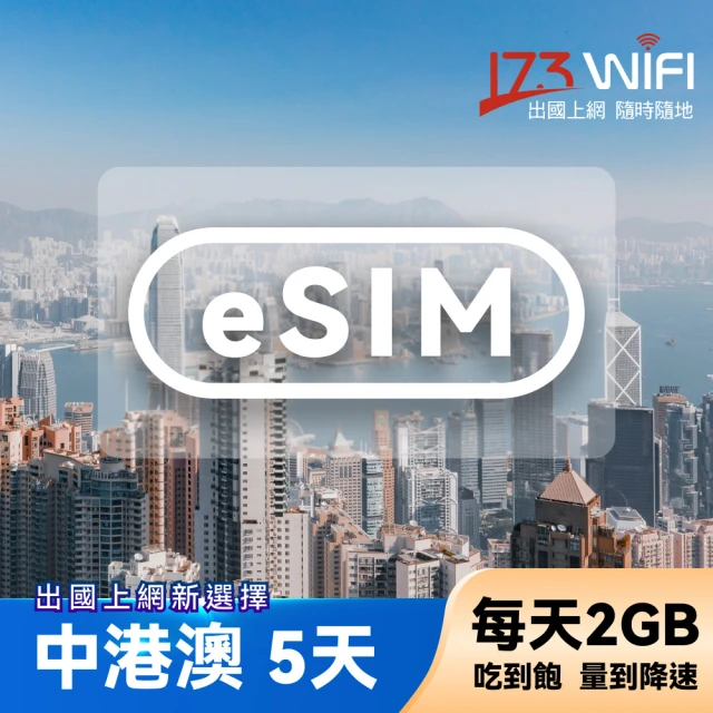 【173WIFI 】eSIM中港澳免翻牆5日吃到飽兌換券每日2GB高速量到降速吃到飽(MO)