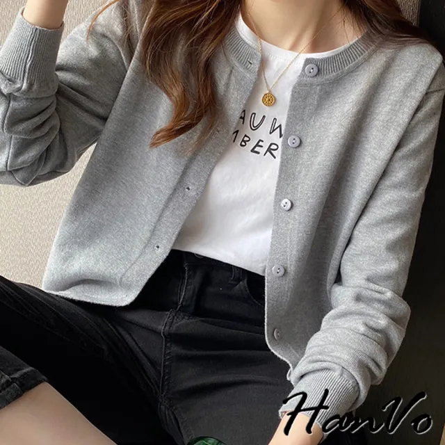 【HanVo】現貨 春季薄款排釦氣質針織衣(親膚柔軟寬鬆舒適上衣 韓系女裝 女生衣著 A02-0142)