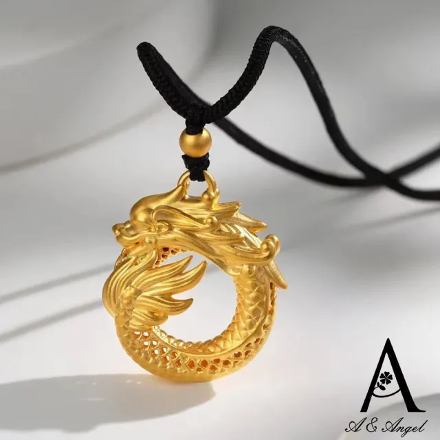 【ANGEL】沙金盤龍生肖吉祥吊飾黑繩項鍊(金色)