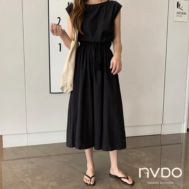【NVDO】出清品   流蘇抽繩收腰寬鬆棉麻連衣裙-4色可選(M-XL/無袖連衣裙/F084/售完不補)