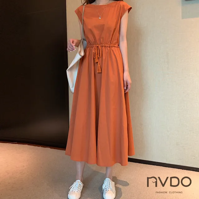 【NVDO】出清品   流蘇抽繩收腰寬鬆棉麻連衣裙-4色可選(M-XL/無袖連衣裙/F084/售完不補)