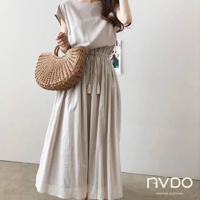 【NVDO】出清品 流蘇抽繩收腰寬鬆棉麻連衣裙-4色可選(M-XL/無袖連衣裙/F084/售完不補)
