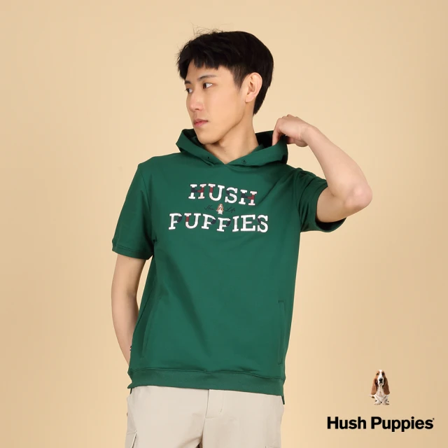 Hush Puppies 男裝 帽T 經典格紋矽膠英文刺繡狗短袖帽T(深綠 / 43102103)