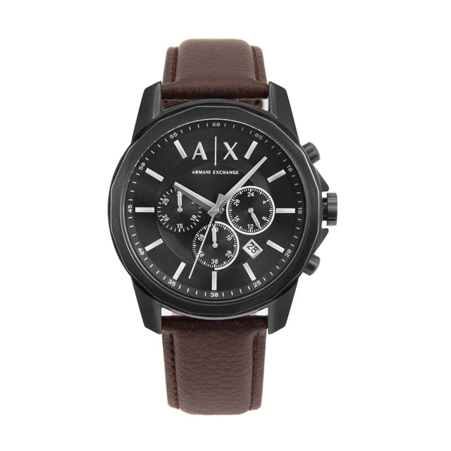 A|X Armani ExchangeA|X Armani Exchange 黑色系 三眼計時腕錶 深咖啡色皮革錶帶 42mm(AX1732)