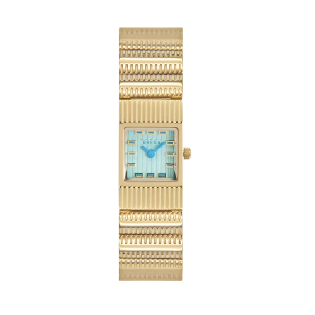 BREDA Groove系列 金色系 水藍色面 不鏽鋼錶帶 