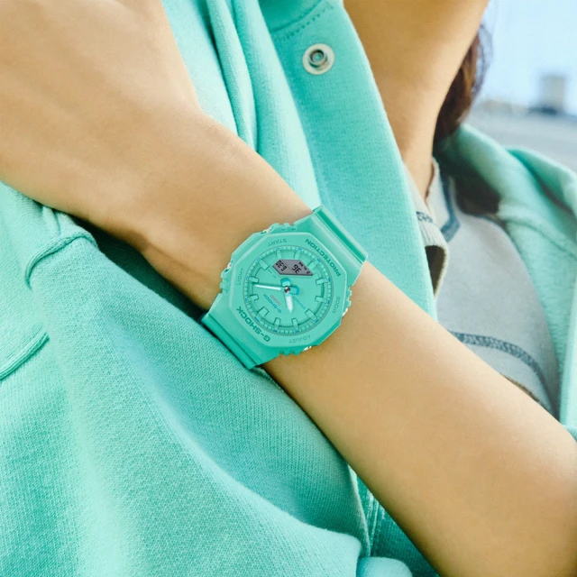 CASIO 卡西歐 G-SHOCK S 縮小尺寸女版 簡約纖薄時尚八角錶殼運動雙顯腕錶/綠松藍(GMA-P2100-2A)