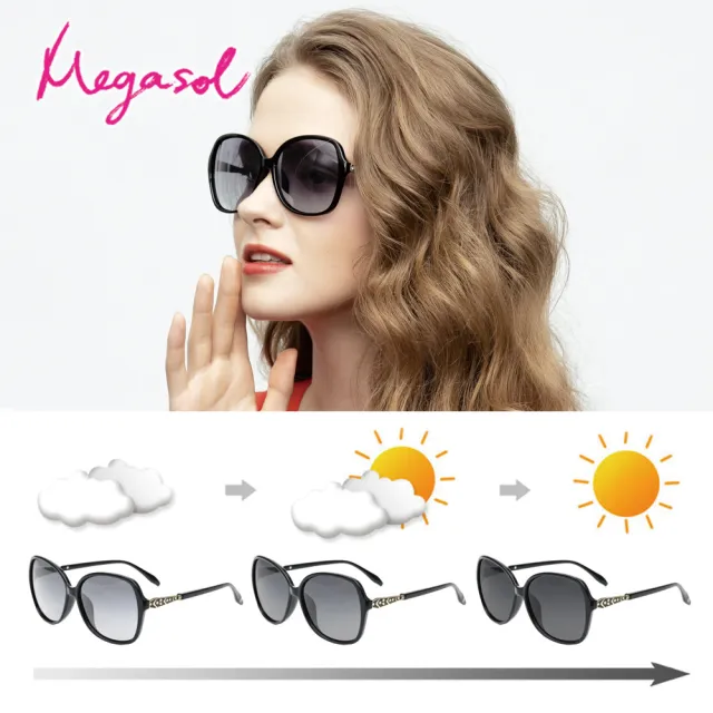 【MEGASOL】寶麗萊UV400偏光時尚淑女仕大框太陽眼鏡(感光智能變色日夜全天候適用BS1906)